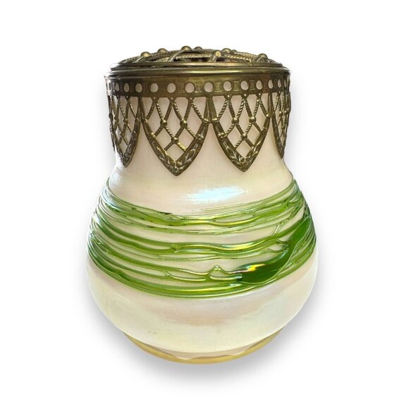 Loetz Czech Opalite Art Glass 1800’s 22k Gilded Lattice Cap Vase - Picture 4 of 7